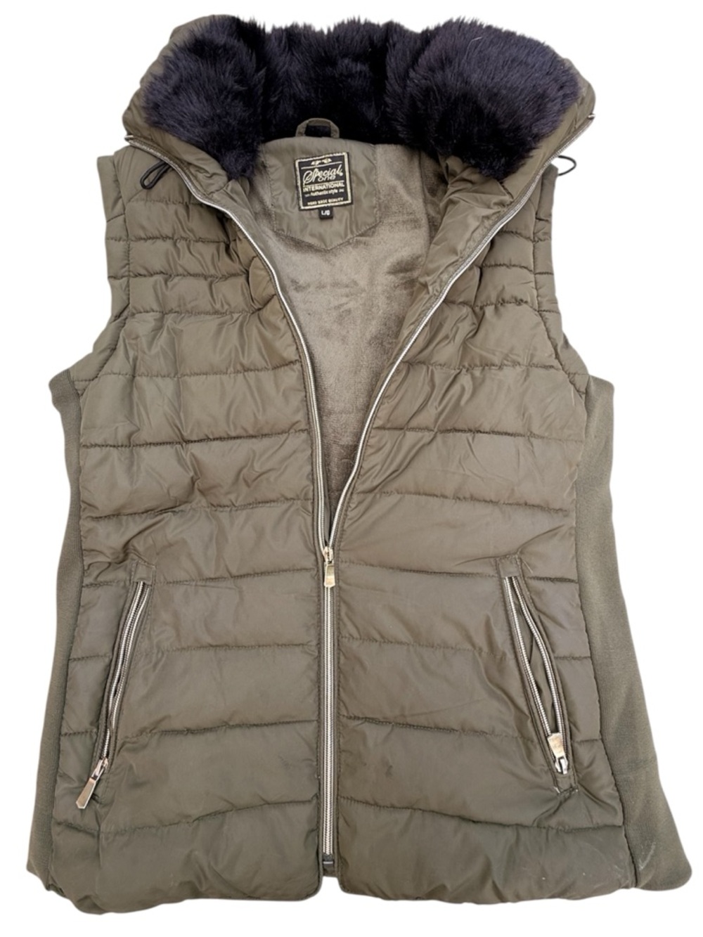 Special One International Women’s Olive Puffer Vest Faux Fur Collar Size L
